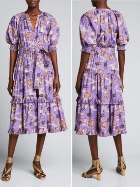ULLA JOHNSON Dasha Zinnia Floral Tiered Puff Sleeve Poplin Midi Dress \\ 2